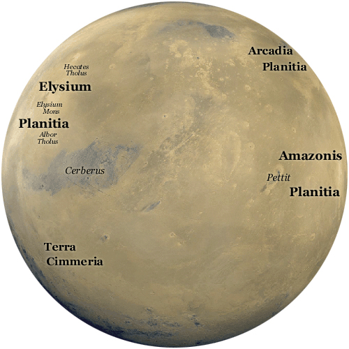A Martian map showing the location of Elysium Planitia. (Source: Public Domain)